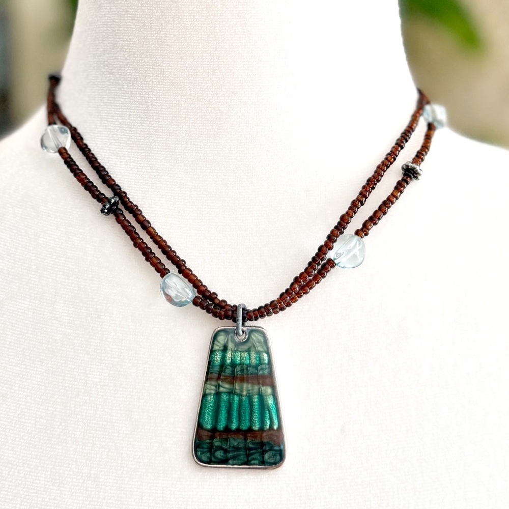 Seed Beads Green Inlay Pendant Necklace 16” + 3” Extender Y2K Jewelry